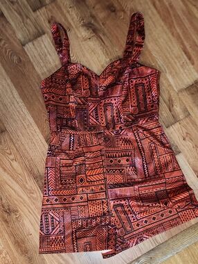 Orange Tiki Print Women's Romper with Straps